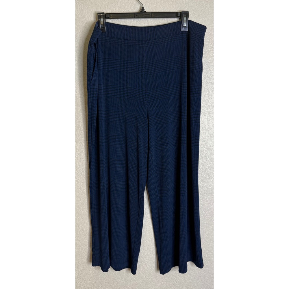 Susan Graver Womens‎ L Wide Leg Pants Navy Glen Plaid Stretch Pull On Pockets